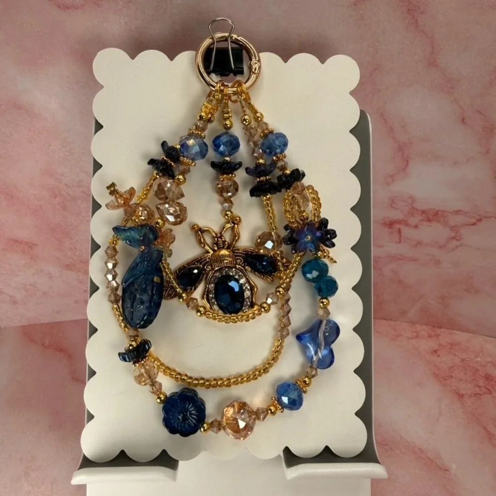 Gold Tone Bee Beaded Phone Wristlet Blue Crystal Butterfly Bag Charm Keychain